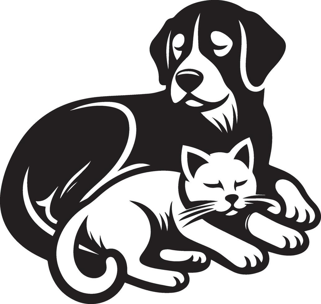 a black and white illustration of a dog and a cat. vector