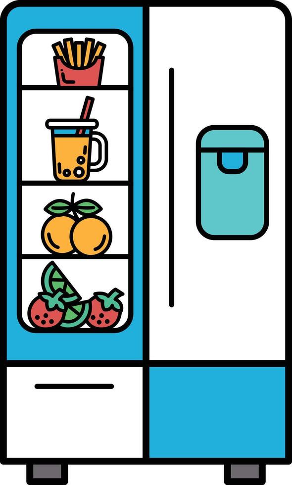 A cartoon refrigerator with a variety of fruits and vegetables inside vector