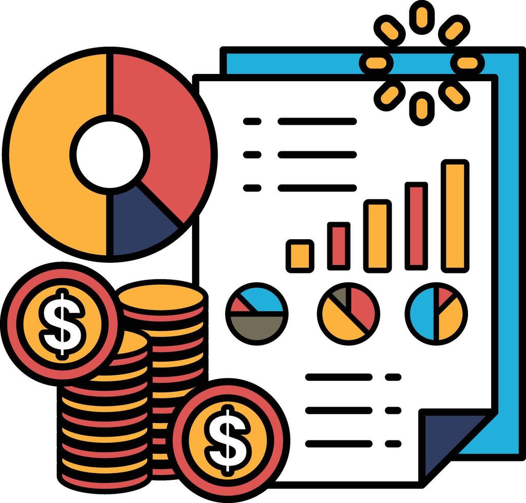 A stack of coins and a piece of paper with a pie chart on it vector