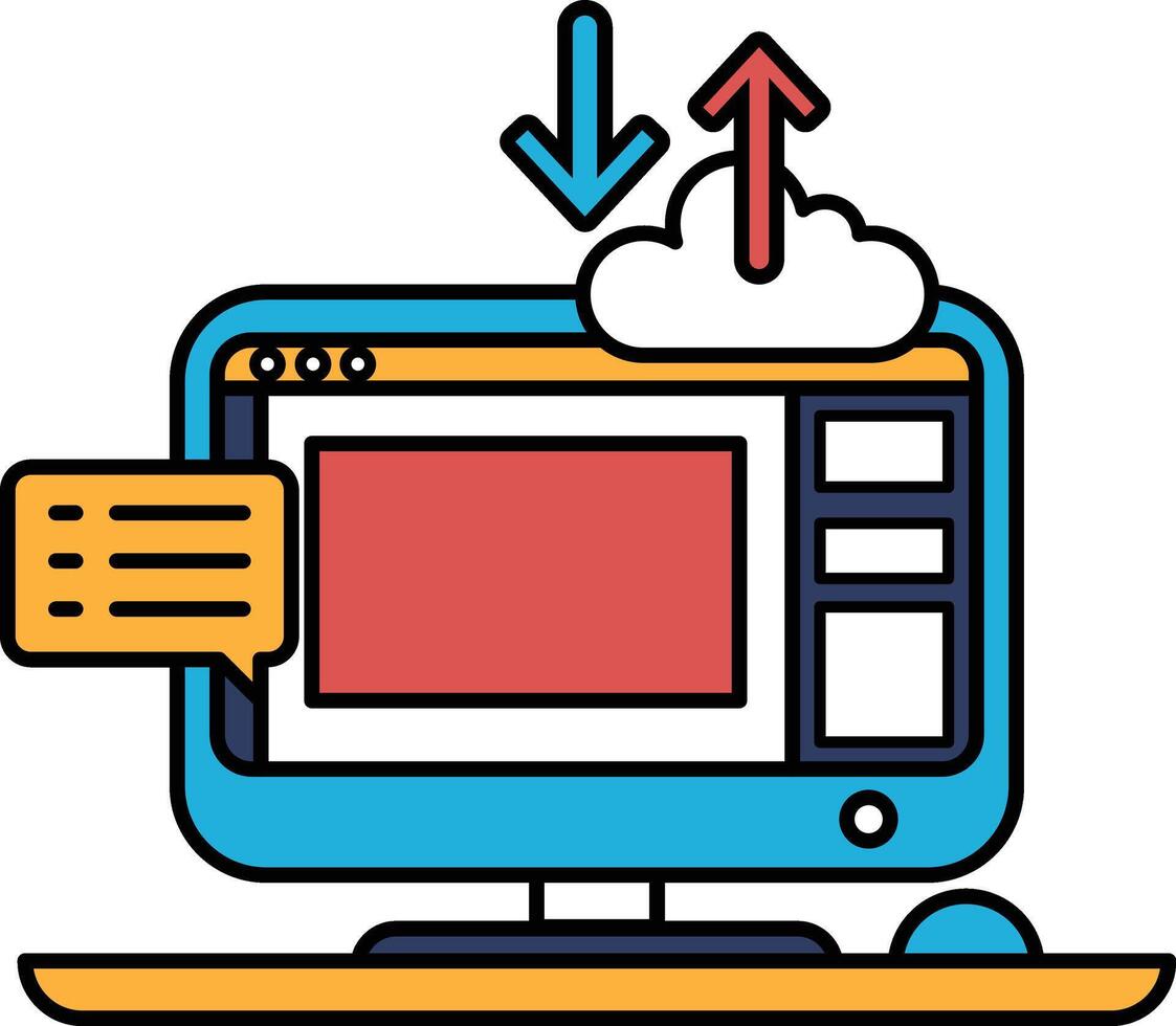 A computer monitor with a cloud and a downward arrow on it vector