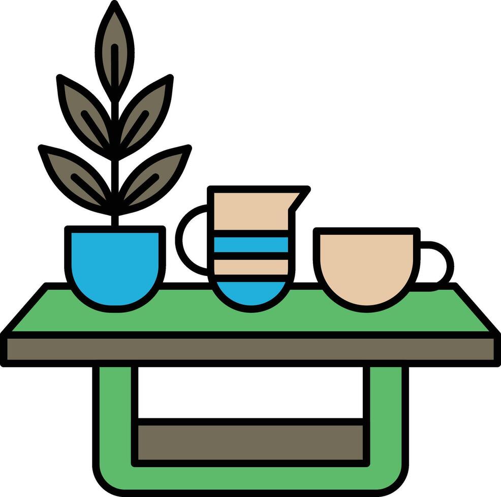 A table with a plant and two cups on it vector