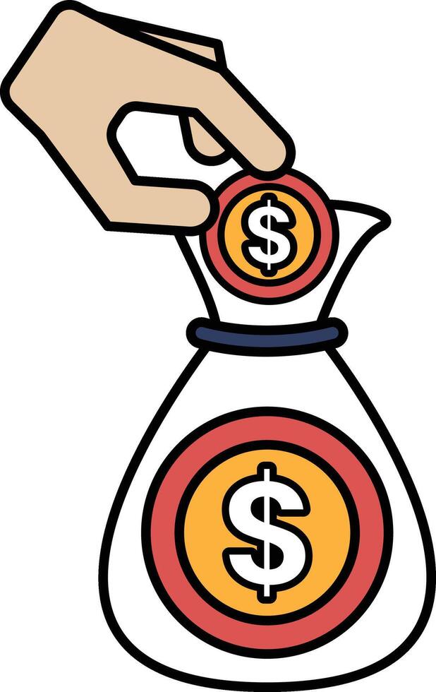 A hand is putting a coin into a bag with a dollar sign on it vector