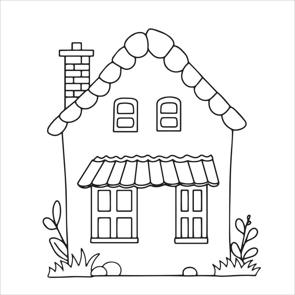 Coloring page with a cute house. illustration in doodle style. vector