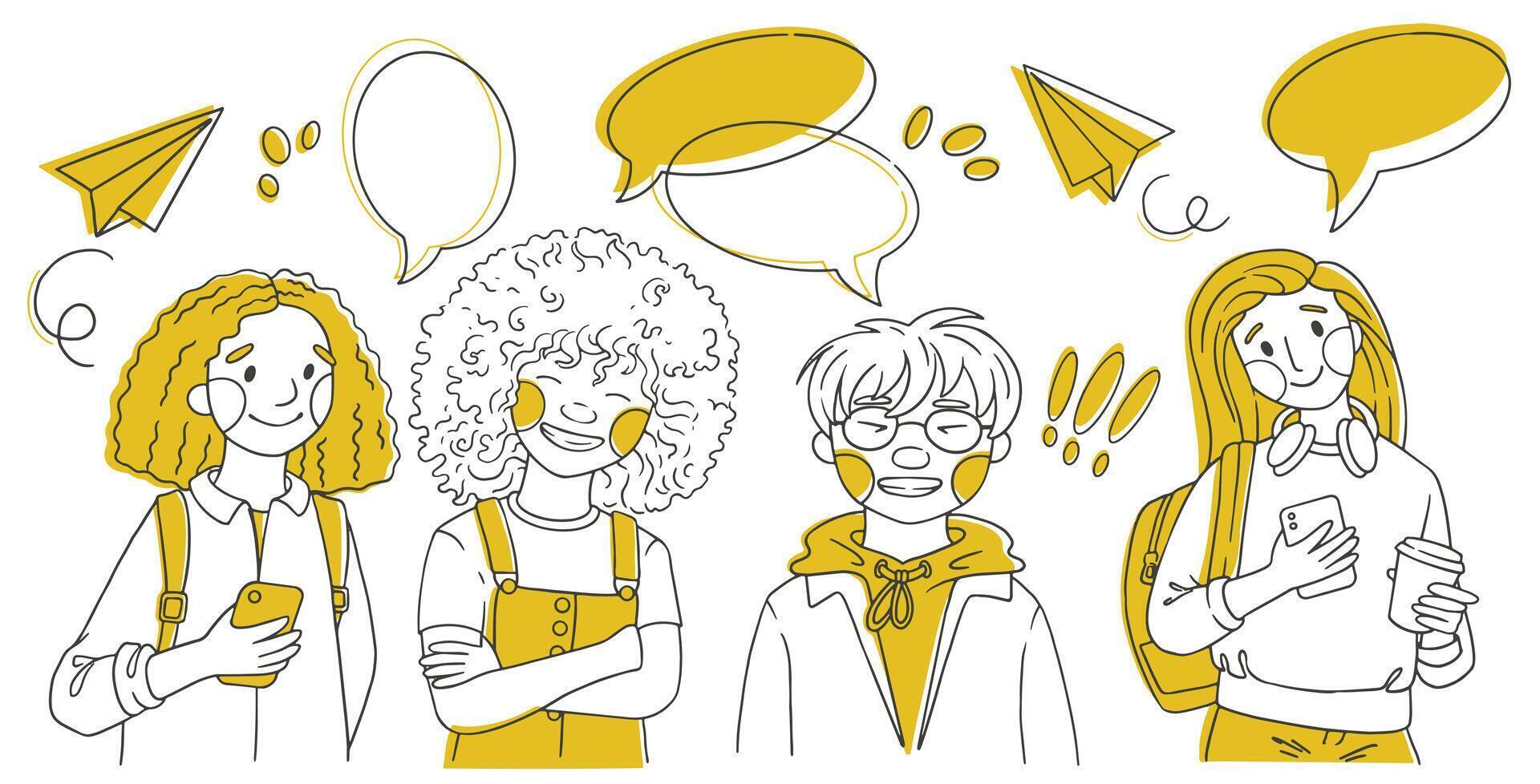 set of student characters of different genders and nationalities. doodle style illustration vector