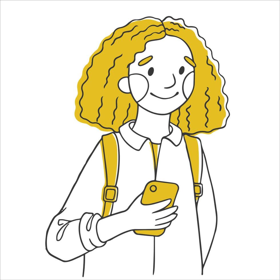cute character girl student with a phone in her hand. line illustration vector