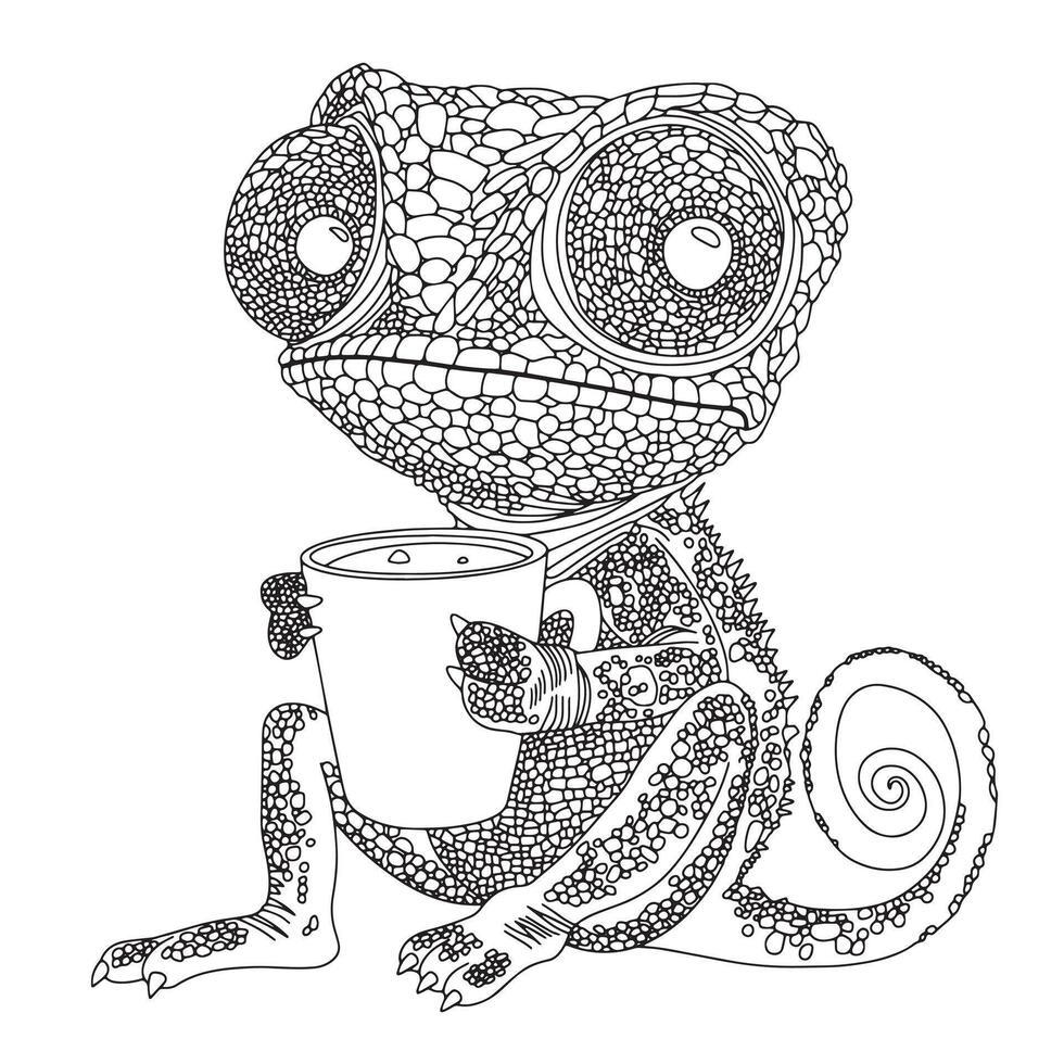 coloring book for adults. cute lizard chameleon with a cup of coffee. black and white illustration vector