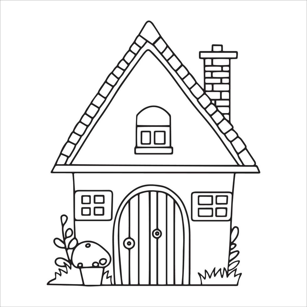 Coloring with a cute house. black and white illustration in doodle style vector