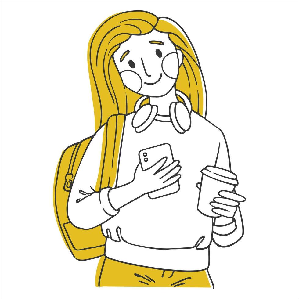 cute character girl student with a phone in her hand. doodle illustration vector