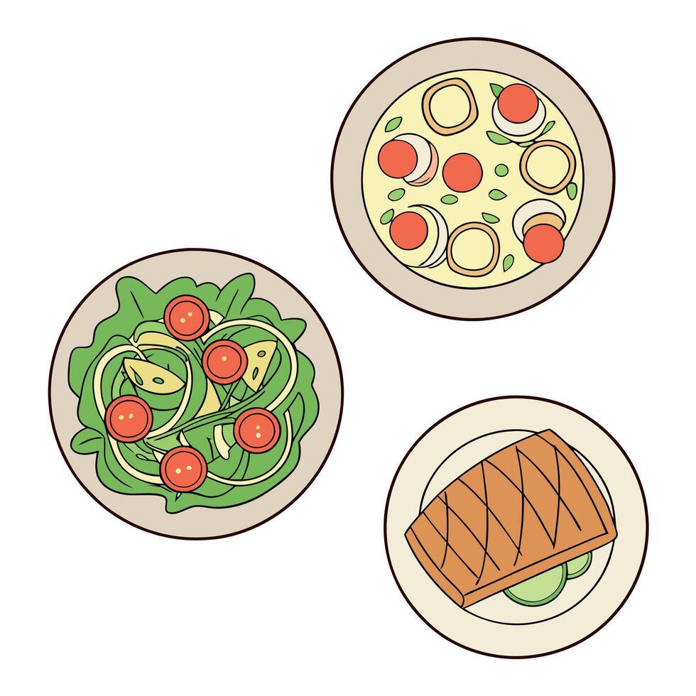 Hand 3 drawn food dish collection top view vector