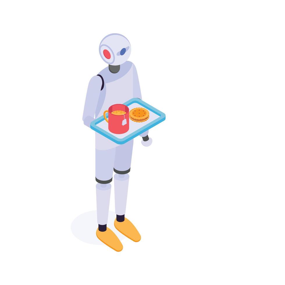An isometric icon of a white robot waiter, ready to use vector