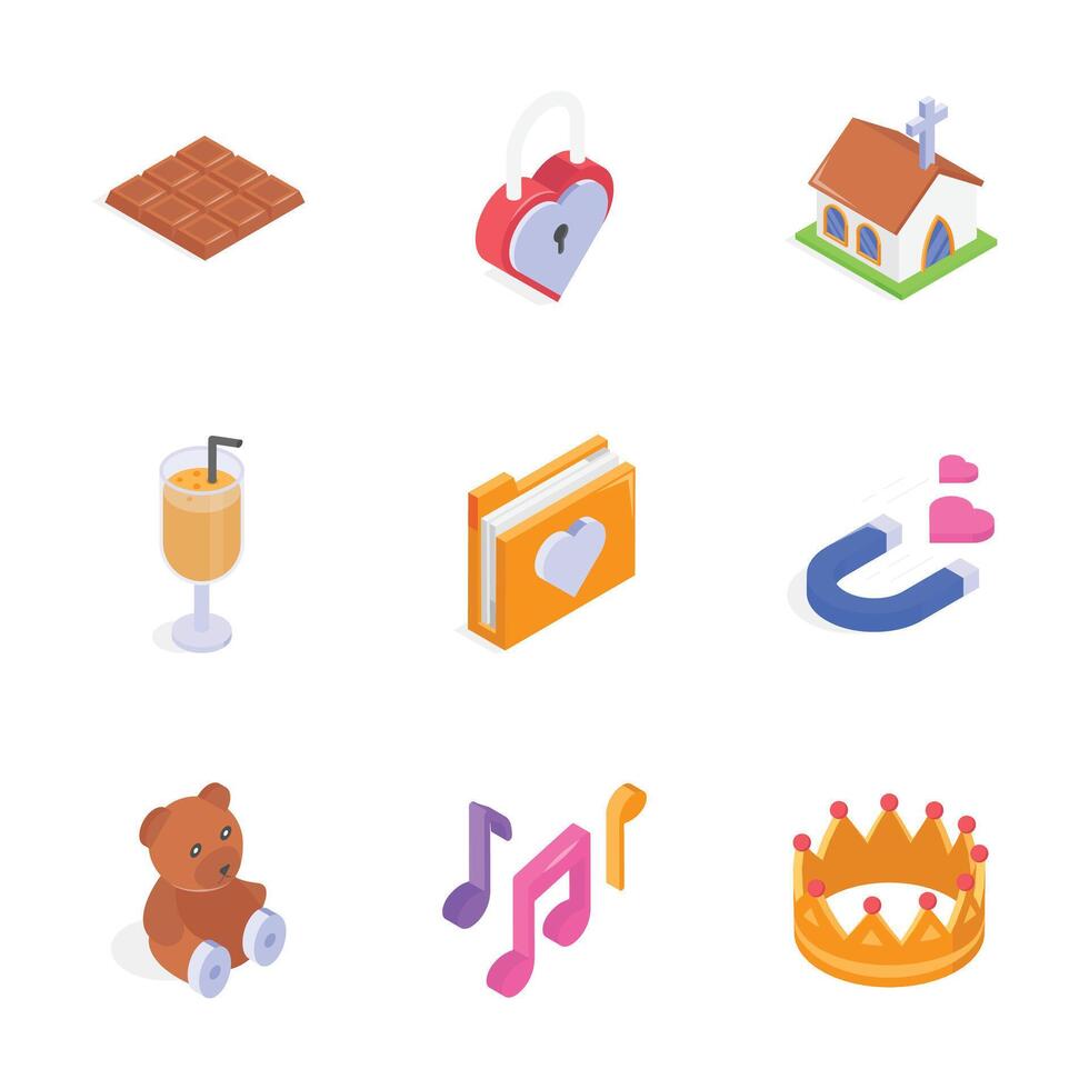 Take a look at this amazing love and celebration isometric icons set vector