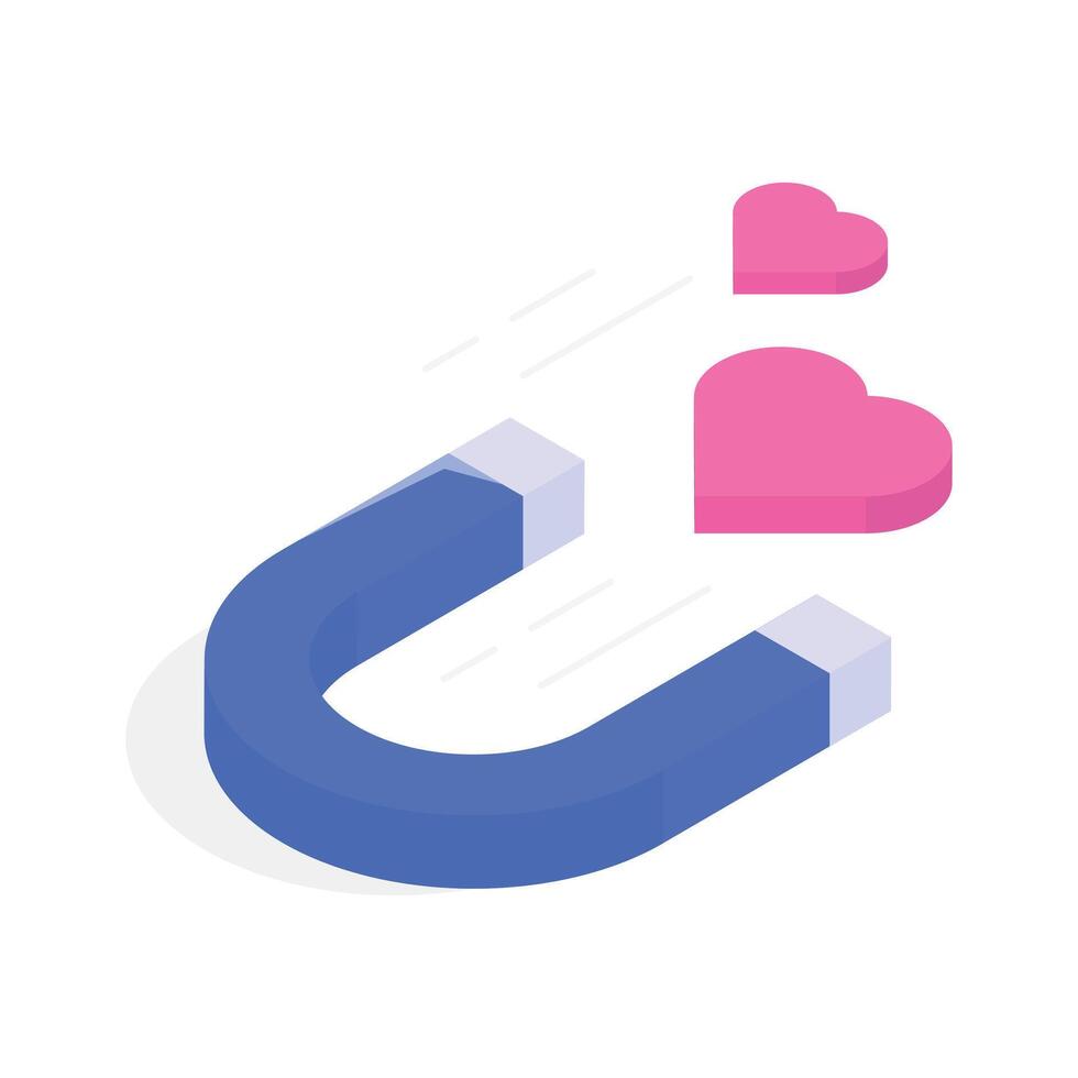 This isometric icon showcases a powerful magnet attracting two hearts. vector