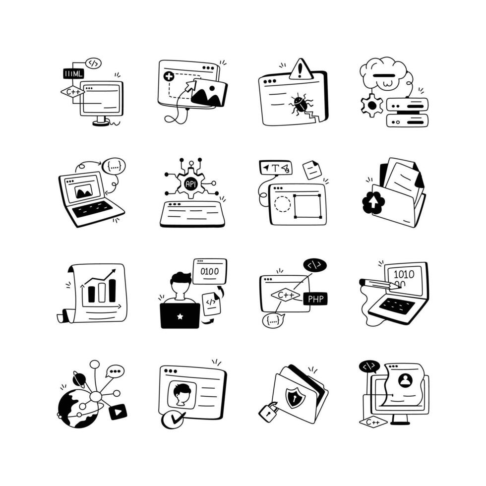 mano dibujado íconos representando diverso elementos de web desarrollo y programación vector