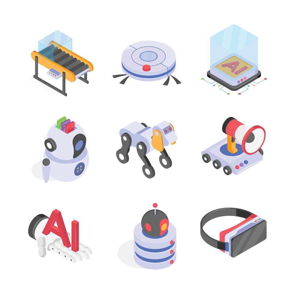 Isometric icons depicts various futuristic robots and technologies vector
