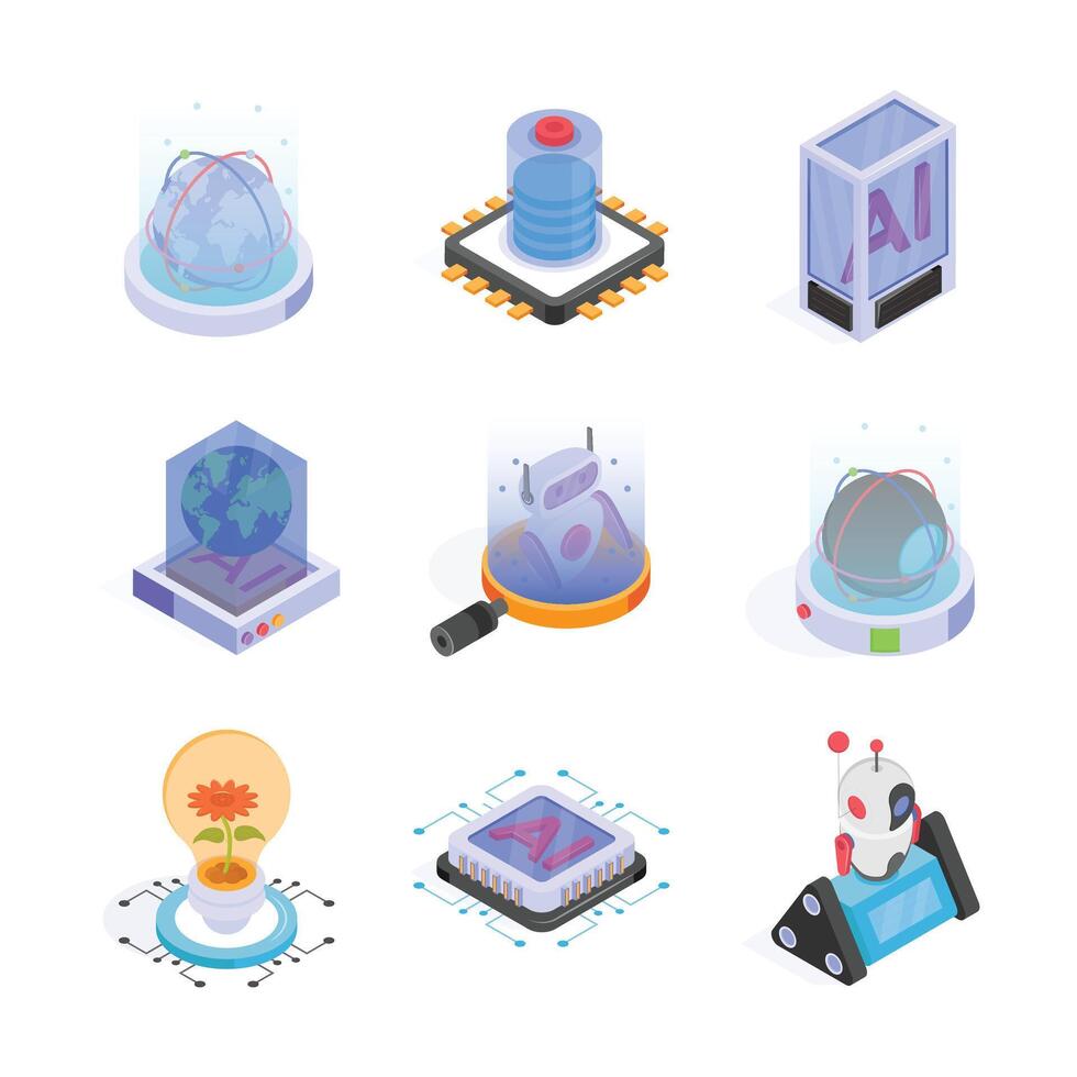 Isometric icons visually represent various facets of artificial intelligence technology. vector
