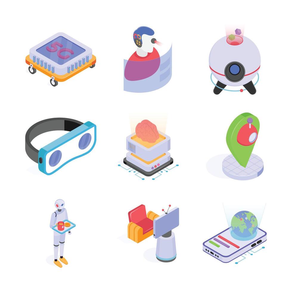 A collection of futuristic technology icons, rendered in a vibrant isometric style on a clean white background. vector