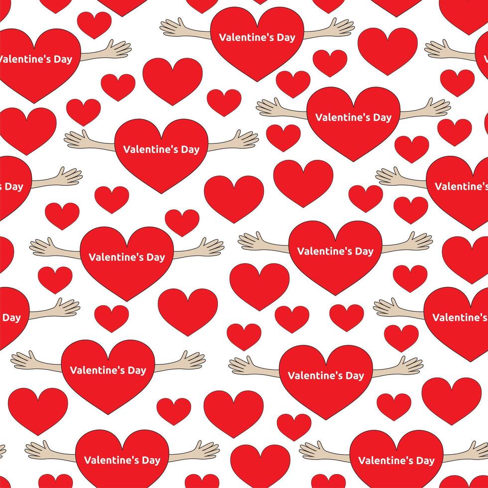 Heart with hands. Heart hug. Valentines day. Stylish graphic seamless pattern with hearts. Red and white background for wrapping paper. vector