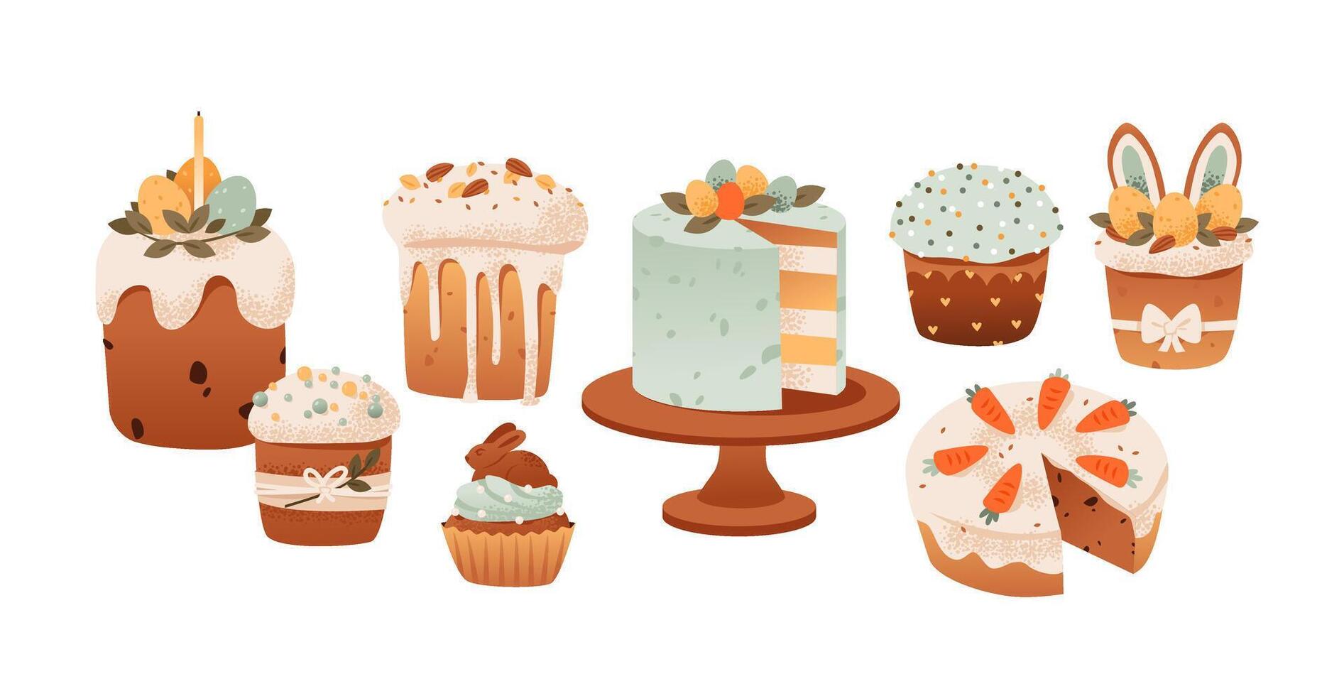 Easter cakes with cream and sprinkles. Easter treats and chocolate bunnies. Festive illustration set of Easter cakes and eggs. vector