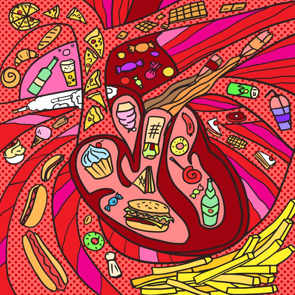 Heart under attack by harmful substances pop art style illustration. Junk food. Harmful unhealthy food. Abstract heart illustration vector