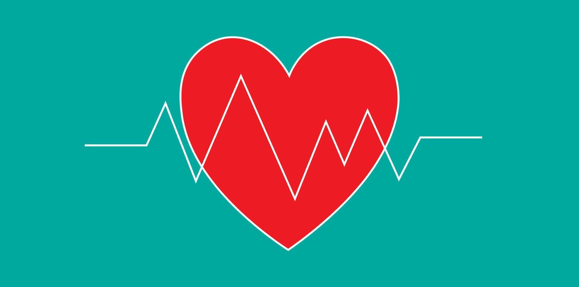 Red heart with electrocardiogram line on teal background. Minimalistic medical concept illustration vector