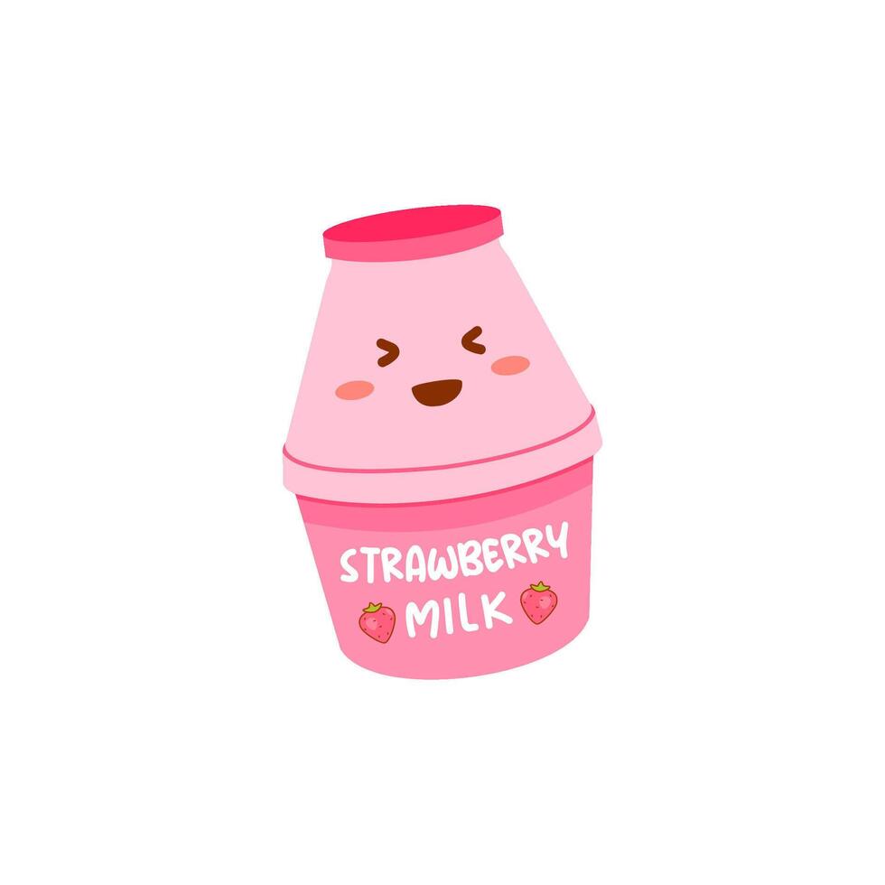 Cute Korean Strawberry Milk Bottle with Face. Cartoon Character Illustration vector