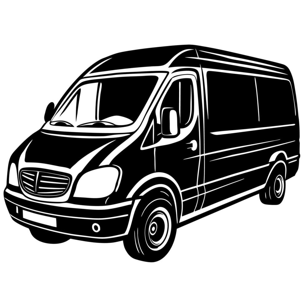 Black and white illustration of a modern delivery van with detailed design vector
