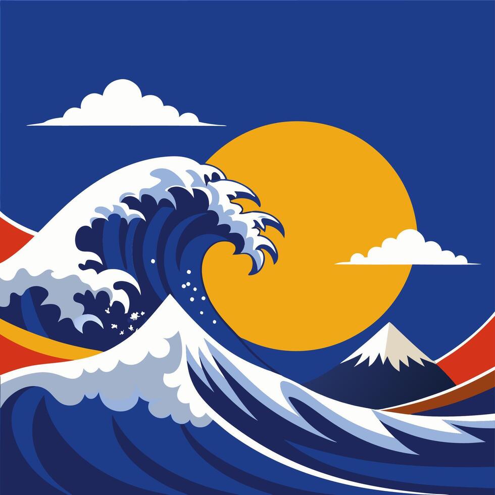 Huge Wave Rolling Towards Shore at Sunset with Mountain View vector