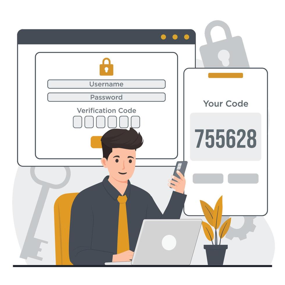 two-factor authentication with OTP, Face ID, PIN, fingerprint, and biometric security laptop and a smartphone. Flat design. vector