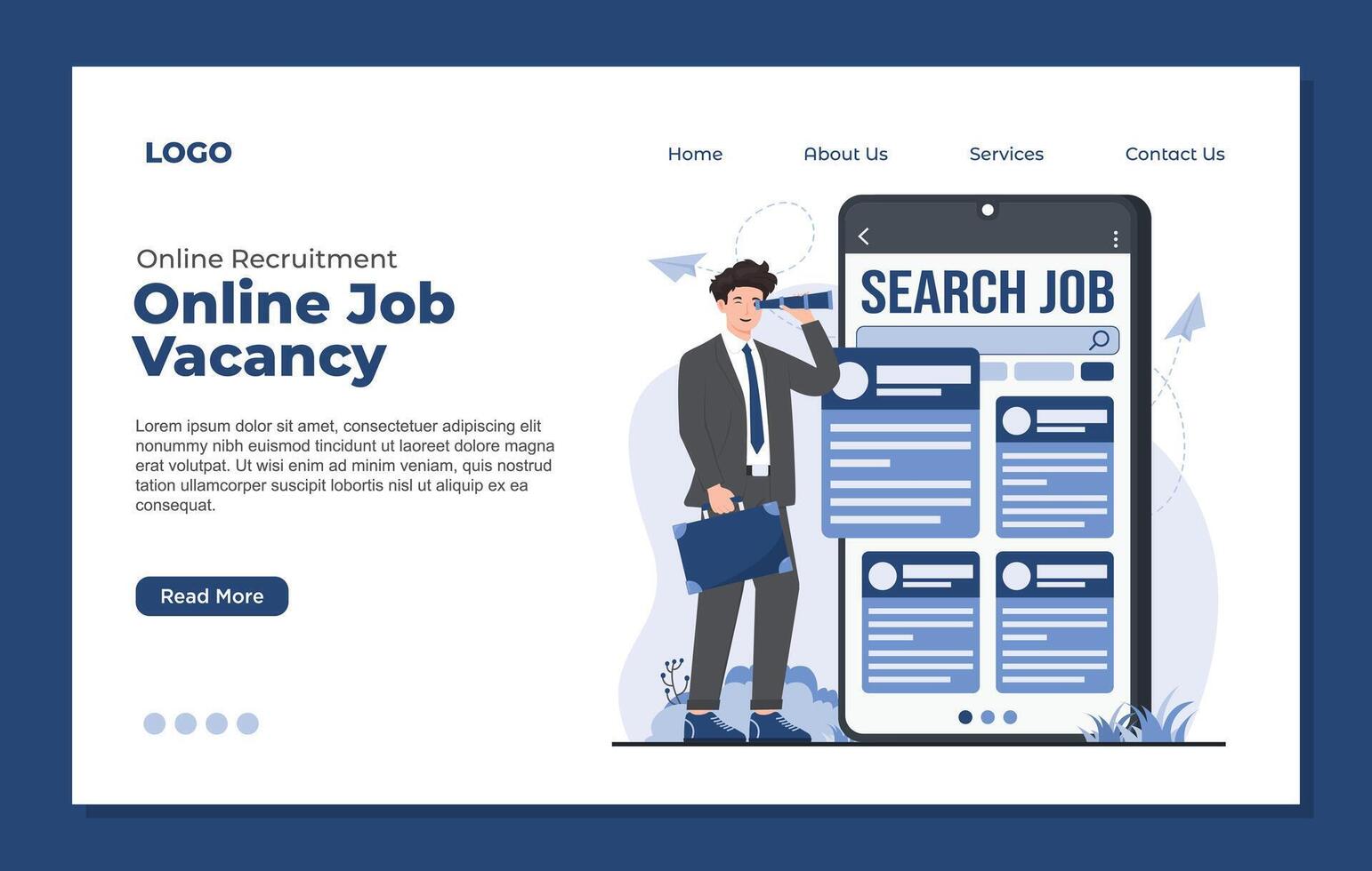 landing page template with a man in a business suit job seeker to explore online vacancy, submit CV resume recruitment concept vector