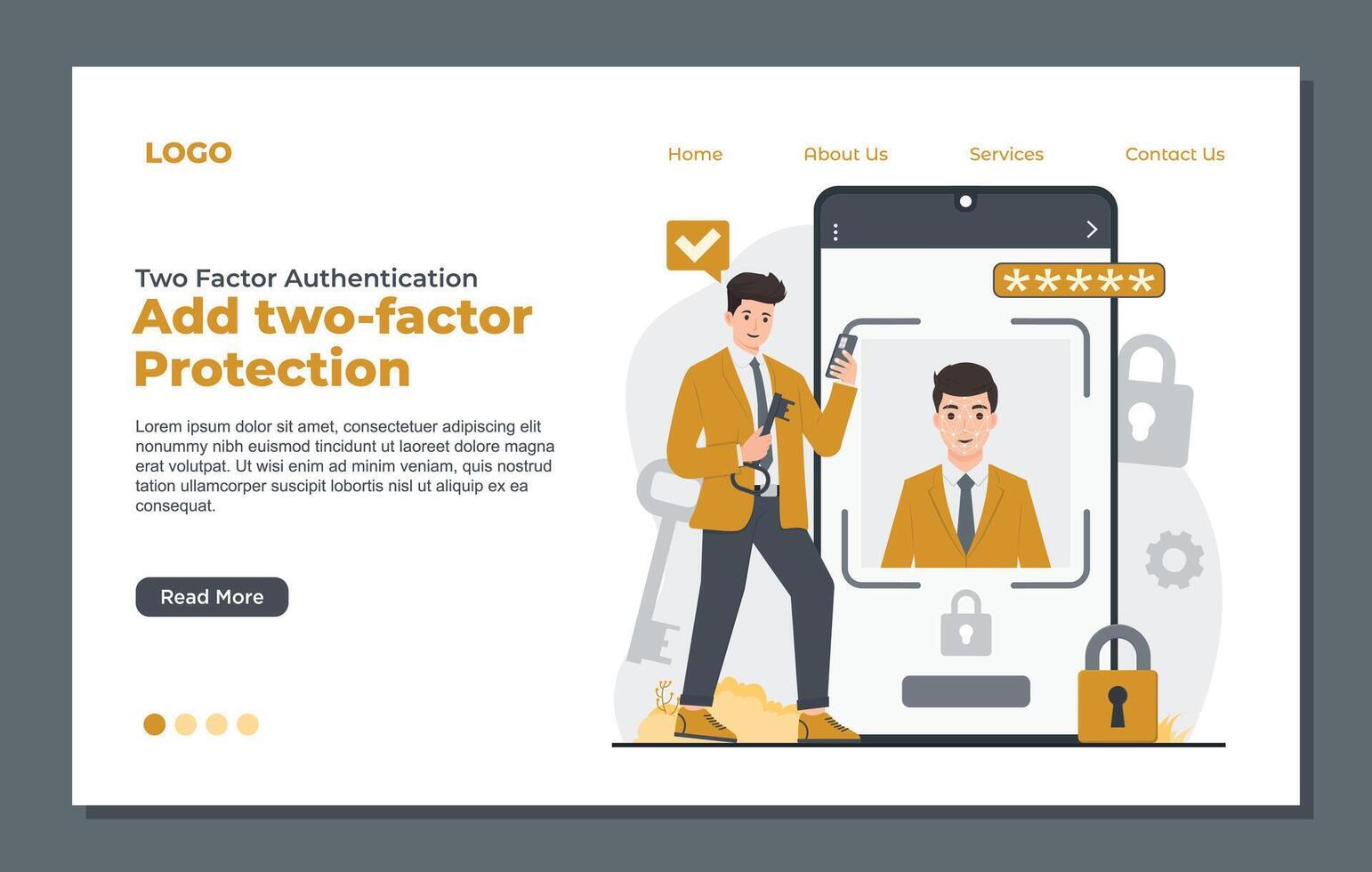 illustration of a flat landing page template with a man in a business suit standing next to a smartphone and holding a key. vector