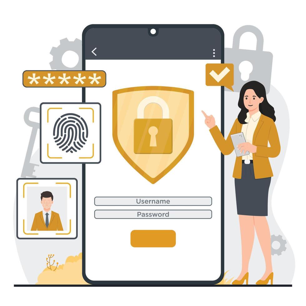 Smartphone with padlock and user interface. Security concept two-factor authentication with OTP, Face ID, PIN, fingerprint, and biometric security vector