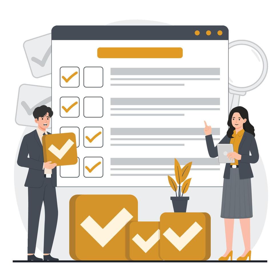 customer online survey and feedback Man and woman standing near the checklist. Flat illustration. vector