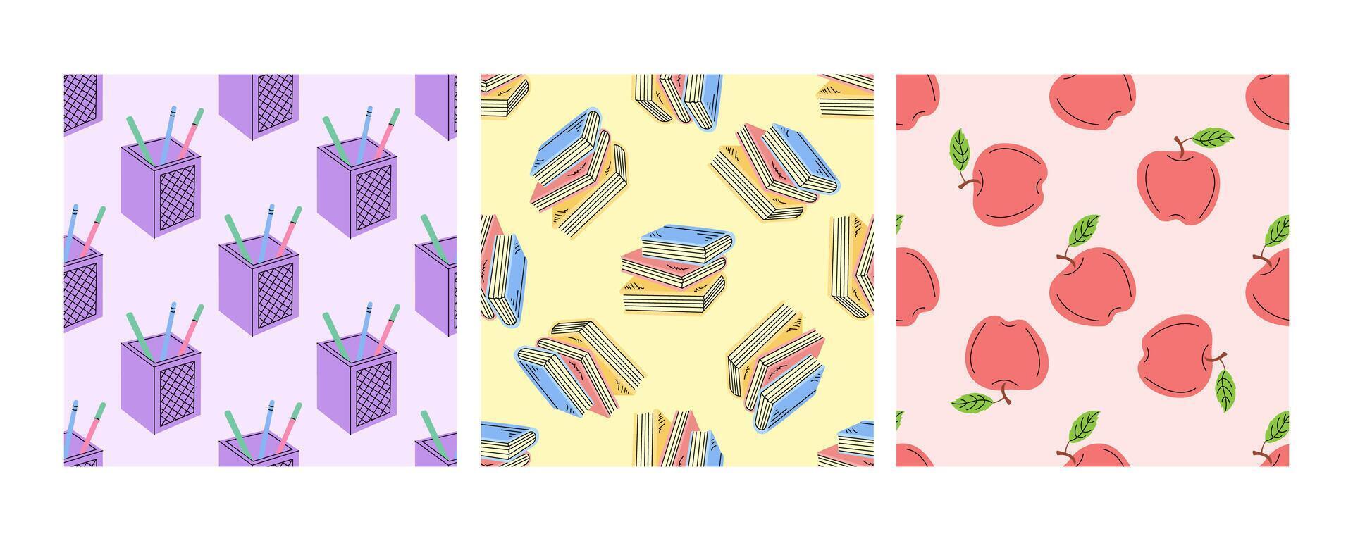 Seamless pattern with pencil holders, books and apples on pastel background vector