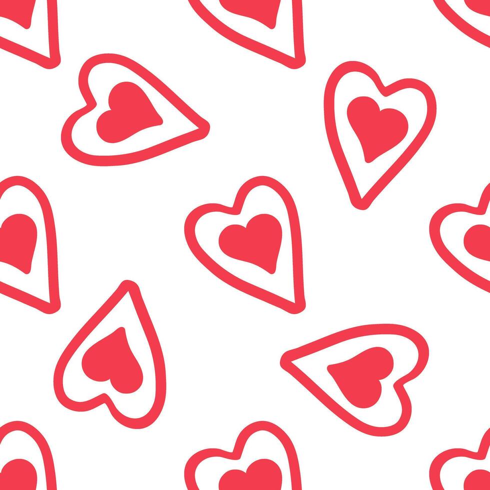 Cute seamless pattern with red double hearts on white background in doodle style vector