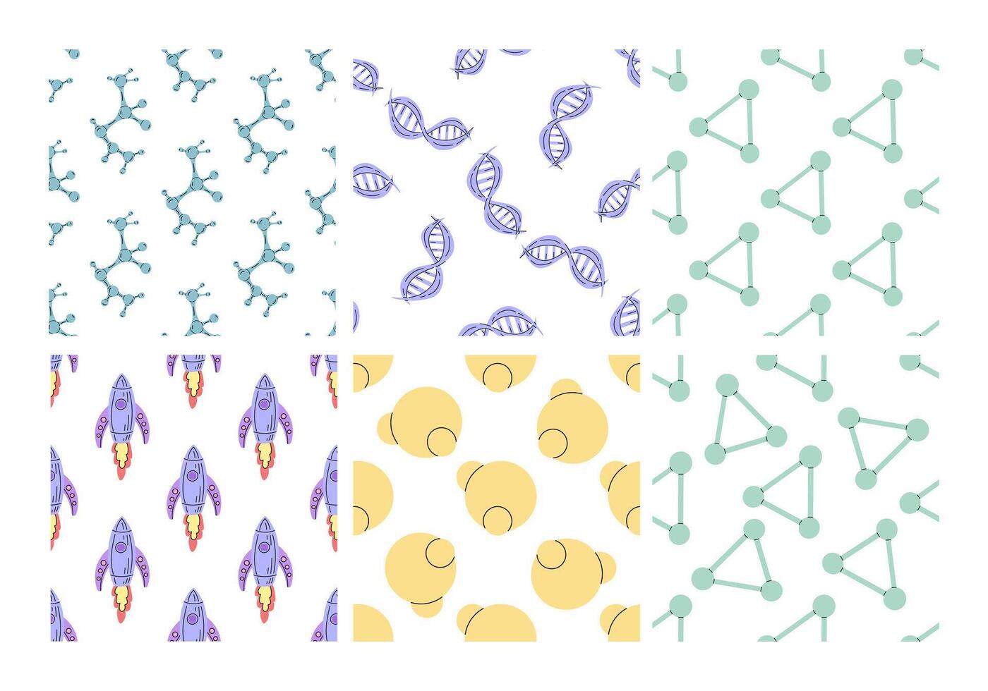 Science seamless pattern with molecules, DNA, rockets and atoms in flat style vector