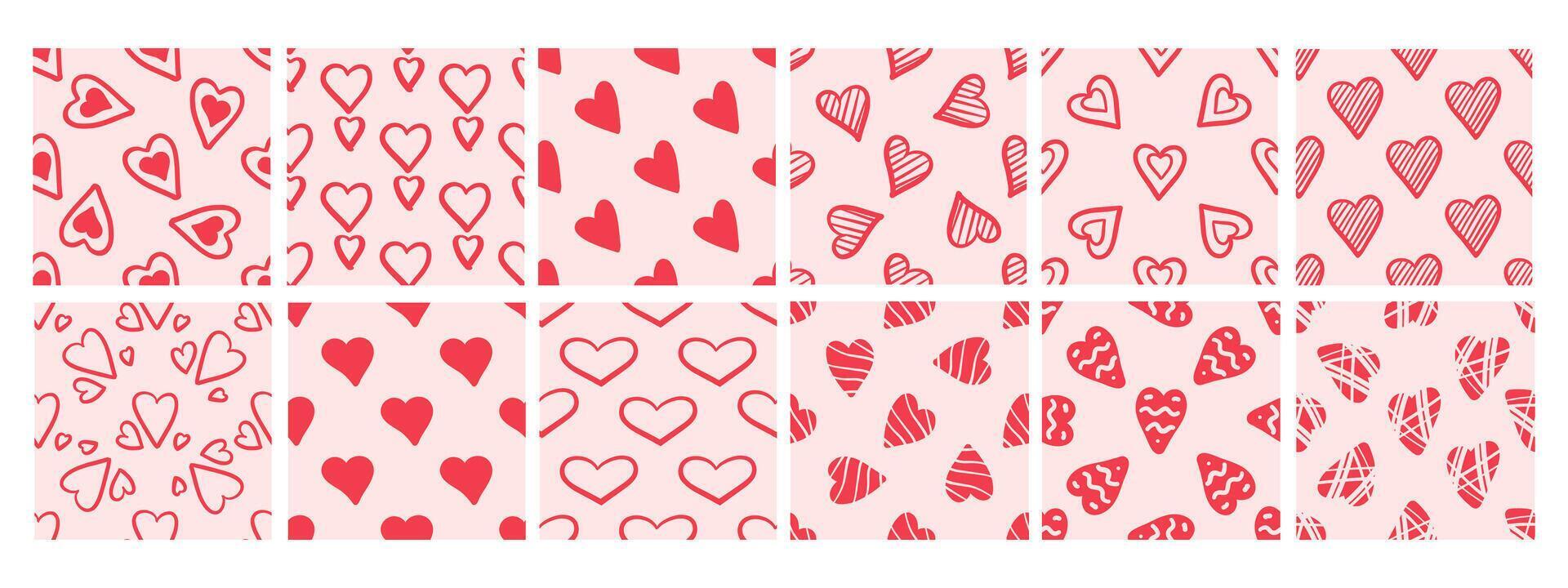 Set of seamless patterns with red hearts on pink background in doodle style vector