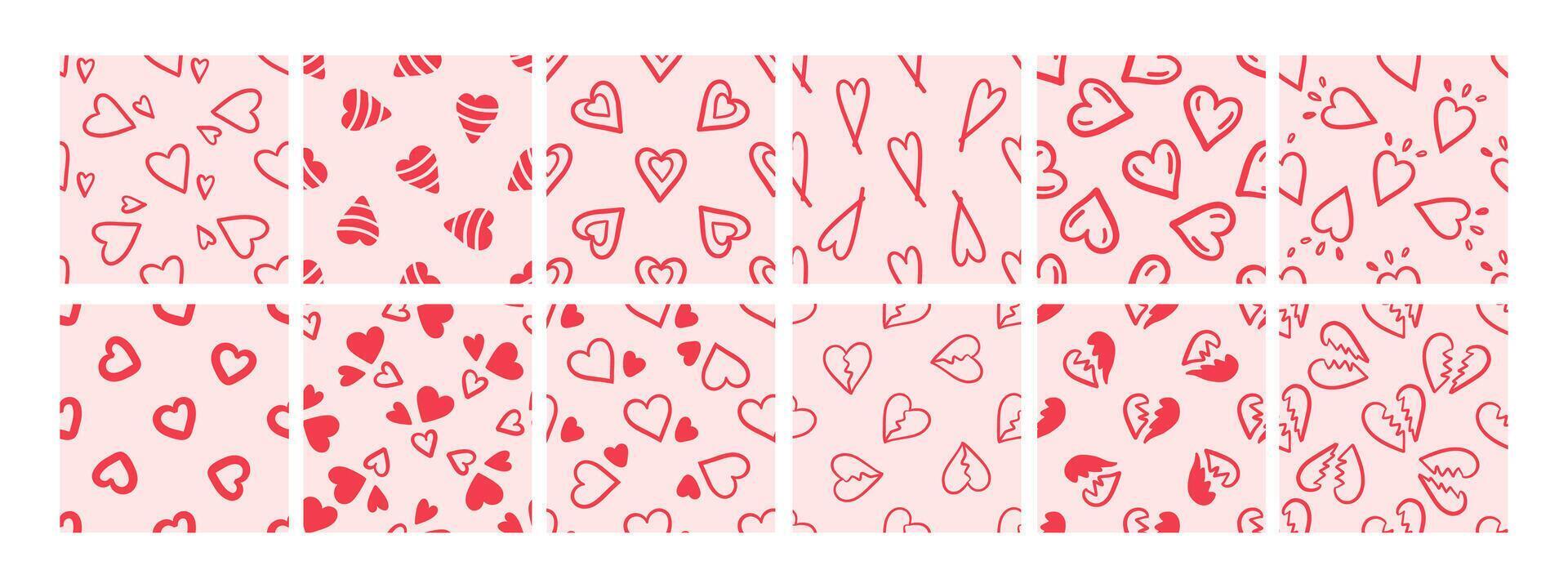 Set of seamless patterns with hand-drawn red hearts on pink background in doodle style vector