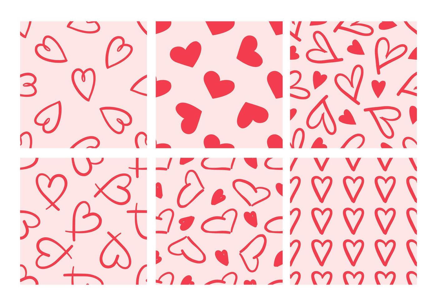 Collection of seamless patterns with red hearts on pink background in doodle style vector
