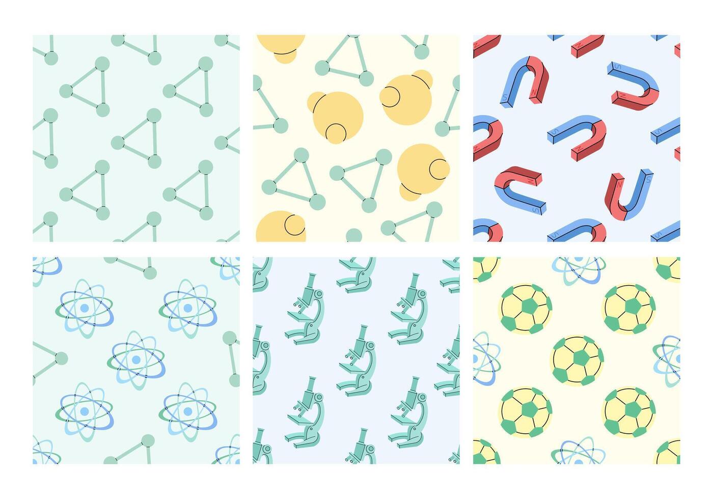 Science seamless pattern with molecules, atoms, magnets and microscopes in flat style vector
