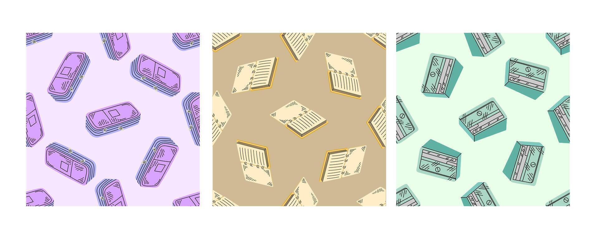 Seamless pattern with pencil cases, notebooks and sharpeners on pastel background vector