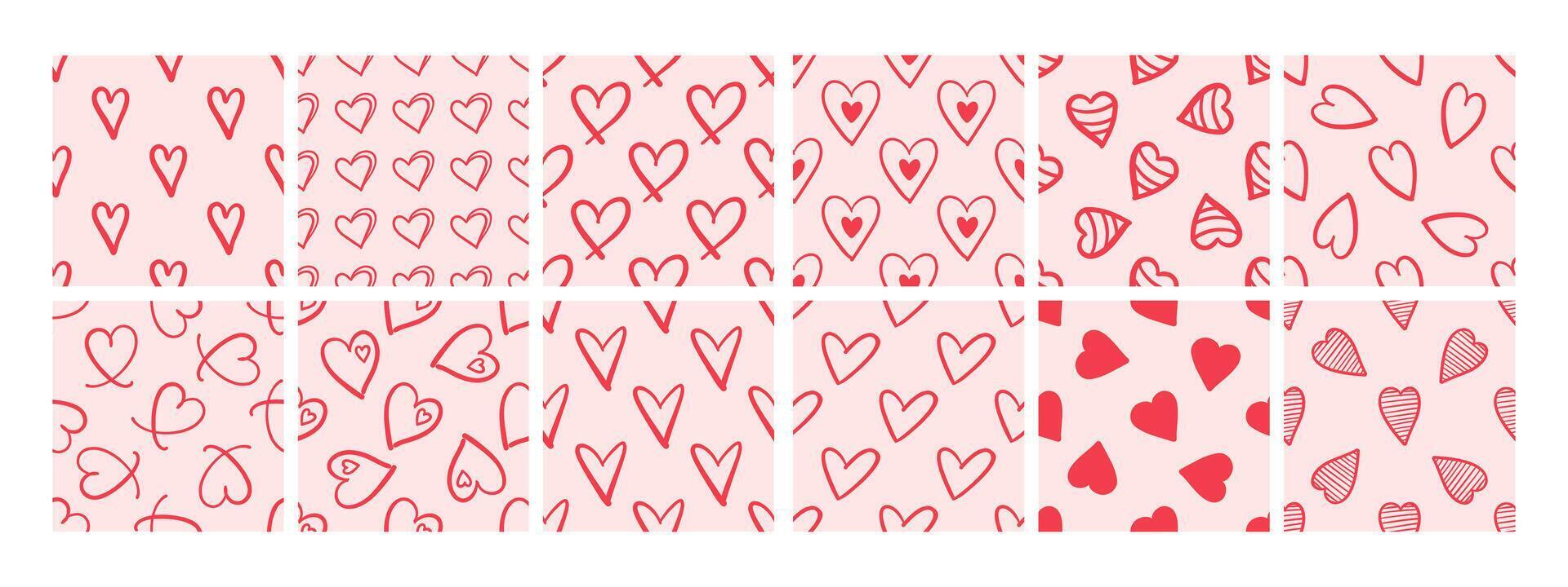 Bundle of seamless patterns with red hearts on pink background in doodle style vector