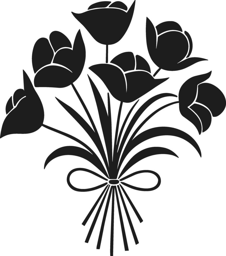 Black Silhouette of a Floral Tulip Bouquet with Ribbon in Elegant Minimalist Style vector