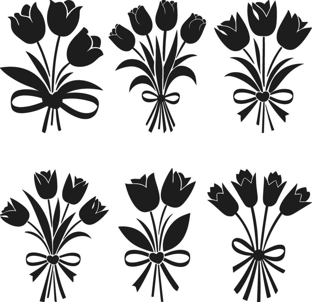 Romantic Valentine's Day Tulip Bouquet Silhouette Set with Heart Ribbon vector