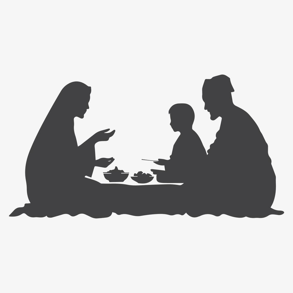 Set of Ramadan silhouettes depicting families in prayer, sharing Iftar meals, and celebrating together, showcasing the essence of unity, spirituality, and tradition during Ramadan. vector