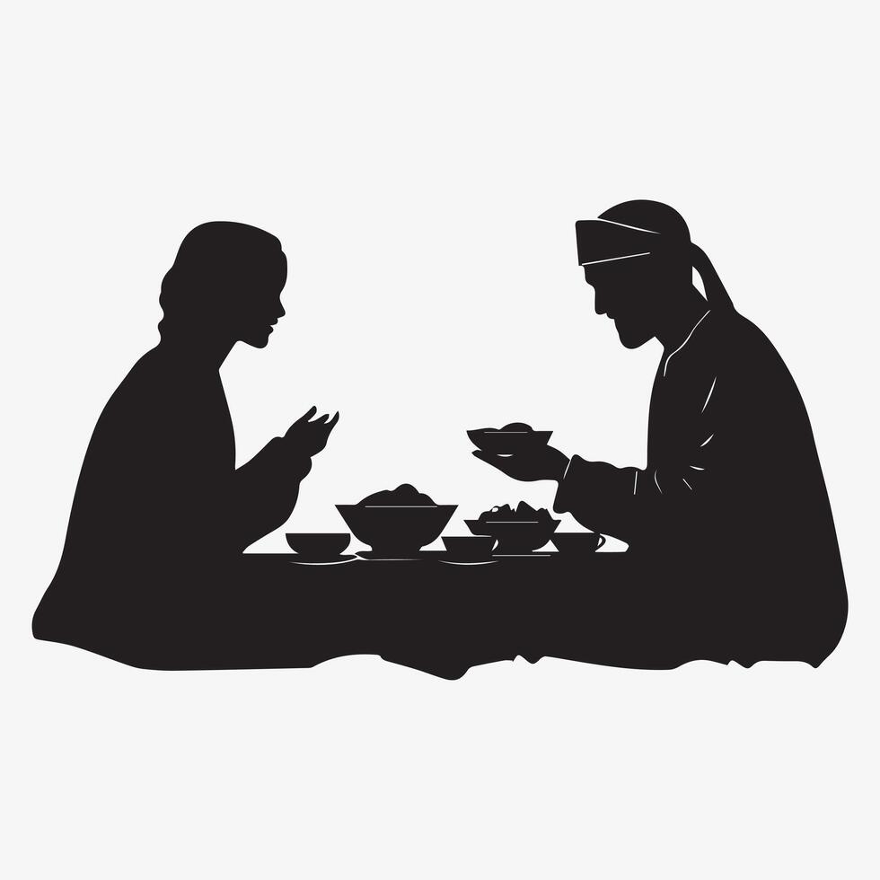 Silhouette of two people sitting at a table, sharing a meal together. One appears to be praying or suggesting themes of tradition, culture, or family vector