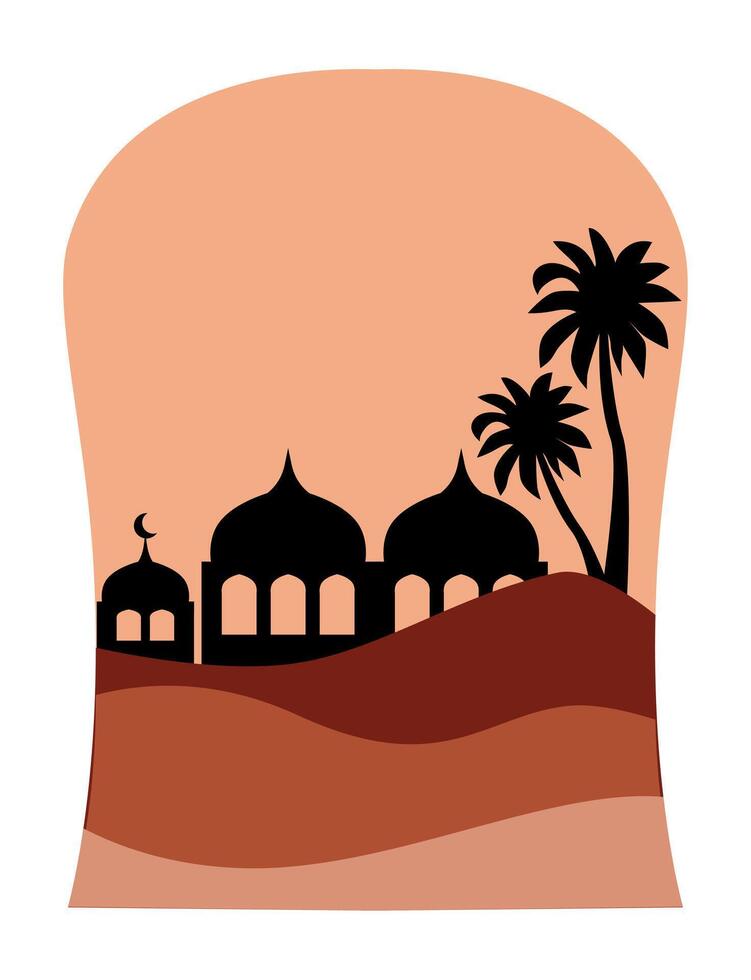 minimalist illustration featuring a desert landscape with a mosque silhouette and palm trees, ideal for cultural or travel-themed projects. vector