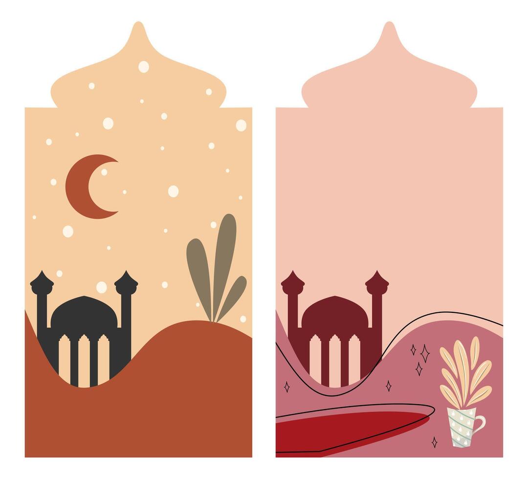 A minimalist Arabian night scene featuring a crescent moon, desert hills, and stylish architecture, perfect for cultural designs or decor. vector