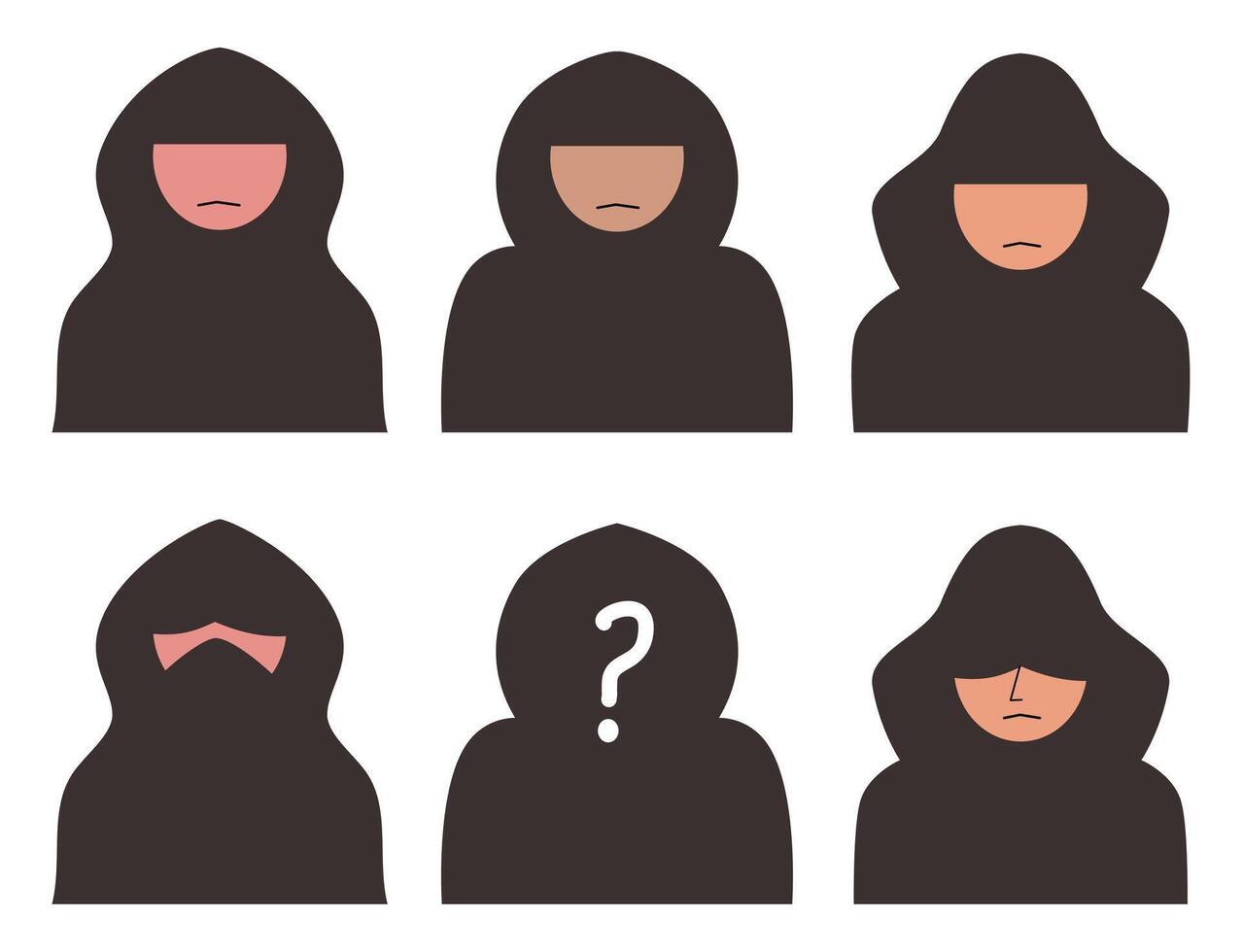 A collection of hooded figures showcasing various facial expressions, ideal for illustrating anonymity and mystery in design projects. vector