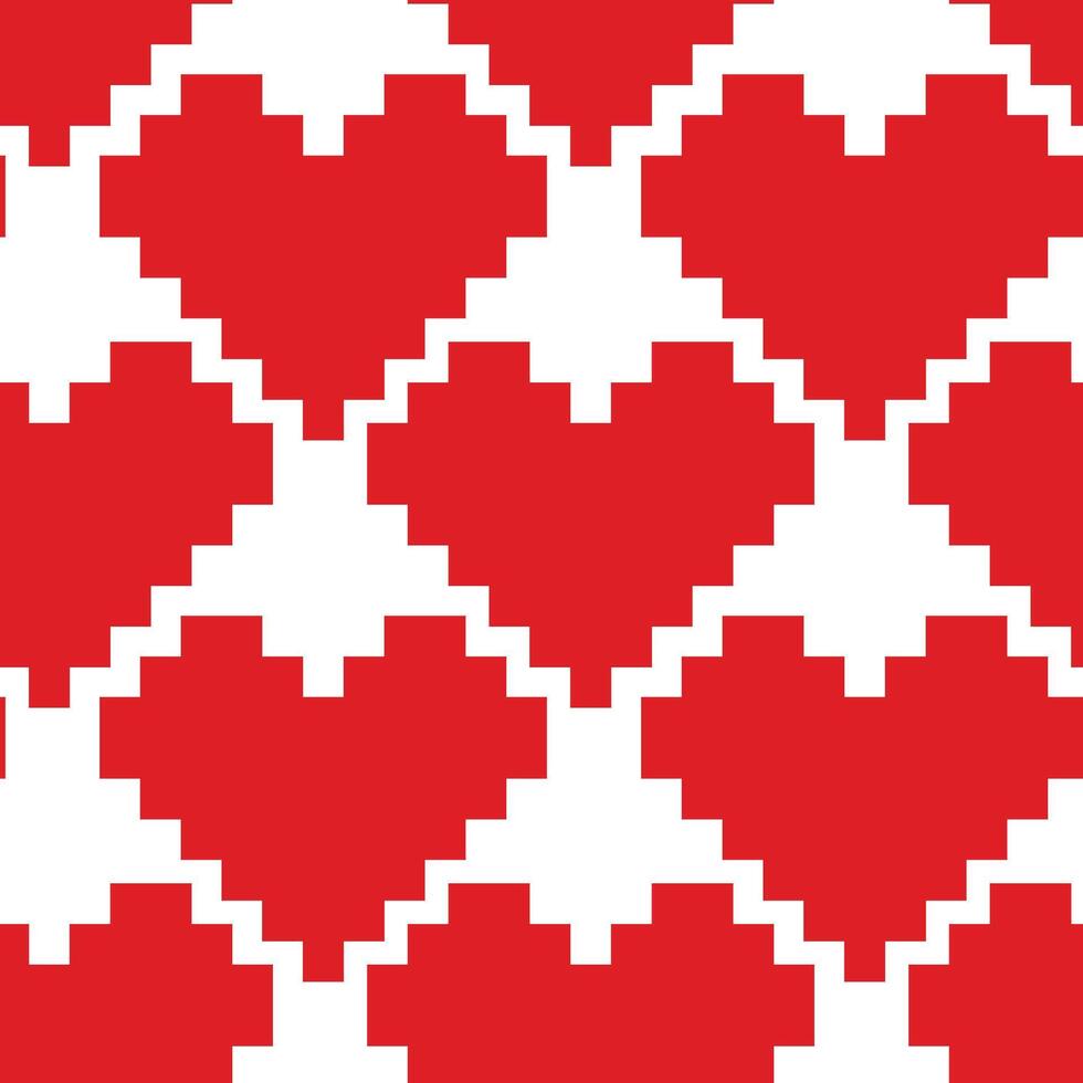 Pixels Stylized Heart shape Seamless pattern in trendy monochrome red. St Valentine Day Background. Isolated illustration Wrapping, wallpaper or web promo banner Thematic cards, leaflets, price vector