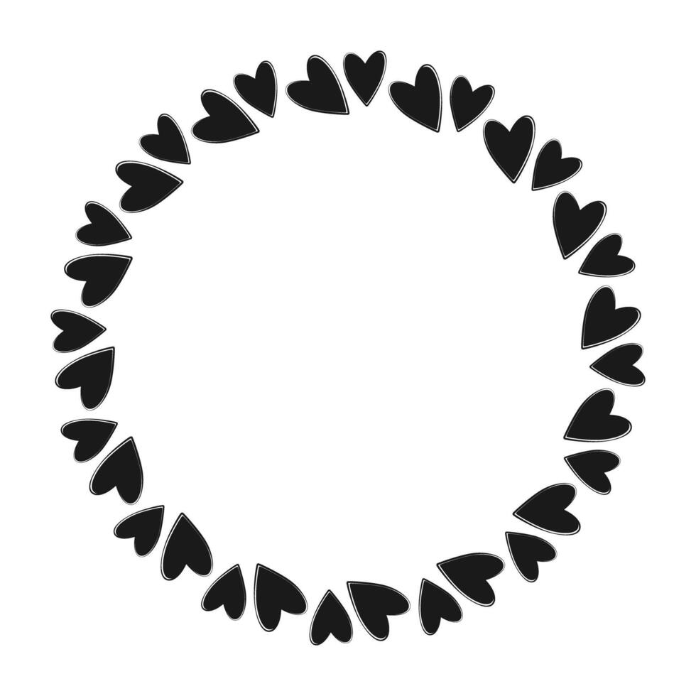 Freehand Black hearts Circular Frame border in trendy minimalism. Black Day Copy space Template idea. Isolated illustration Thematic cards or web promo leaflet wallpaper, price, label, wrapping vector